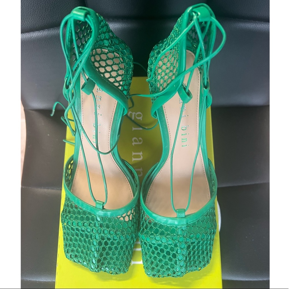 Gianni Bini Reagan Mesh And Leather Ankle Wrap Square Toe Pumps Womens